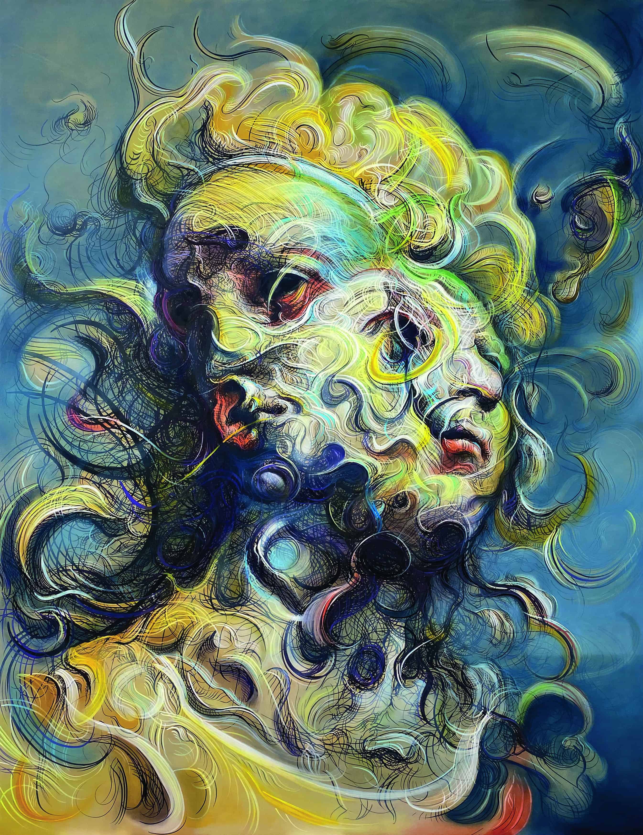 oil and acrylic on canvas, surrealist painting of a woman, showing her face pointed in two directions. curved and wavy line work suggest the forms. the woman has curled yellow hair, white skin and yellow clothes. the background is blue.