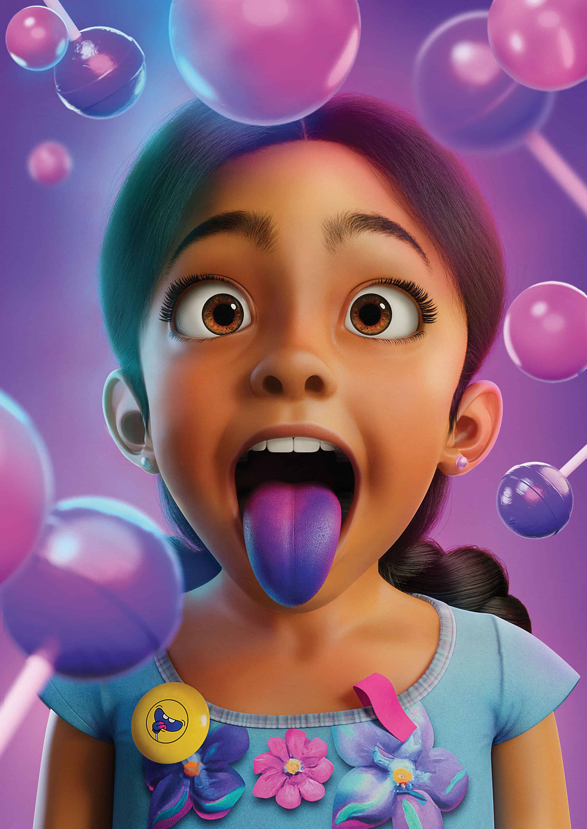 an ai generated cgi animation style girl with light brown skin, black hair and brown eyes is sticking her bright purple tongue out. around her are purple lollies, the source of the purple tongue. there are also pink bubbles around.